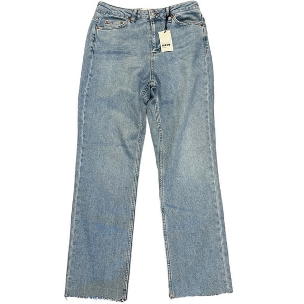 NWT Topshop Straight High Rise Frayed Cutoff Raw Hem Light Wash Blue Jeans 28x32